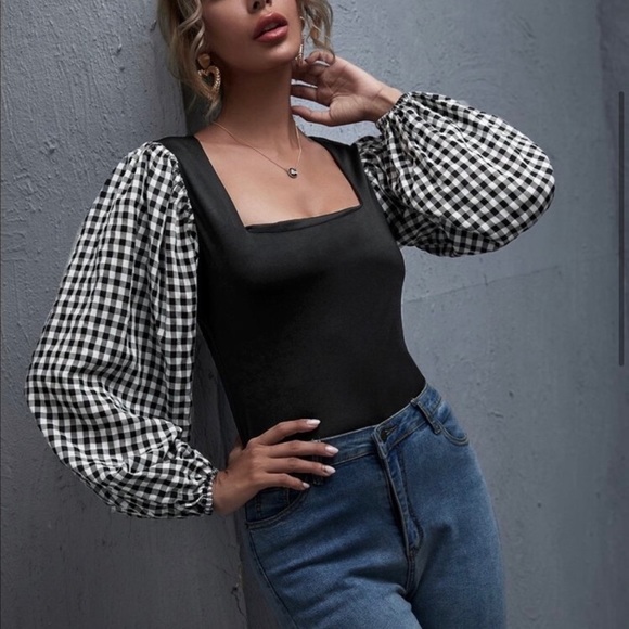 New! Clearance ๐ฅ Gingham Ballon Sleeve Top Black White Button up. - Picture 4 of 6